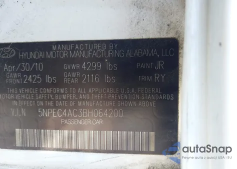 2011 Hyundai Sonata Se z USA, uszkodzony, nr VIN 5NPEC4AC3BH064200